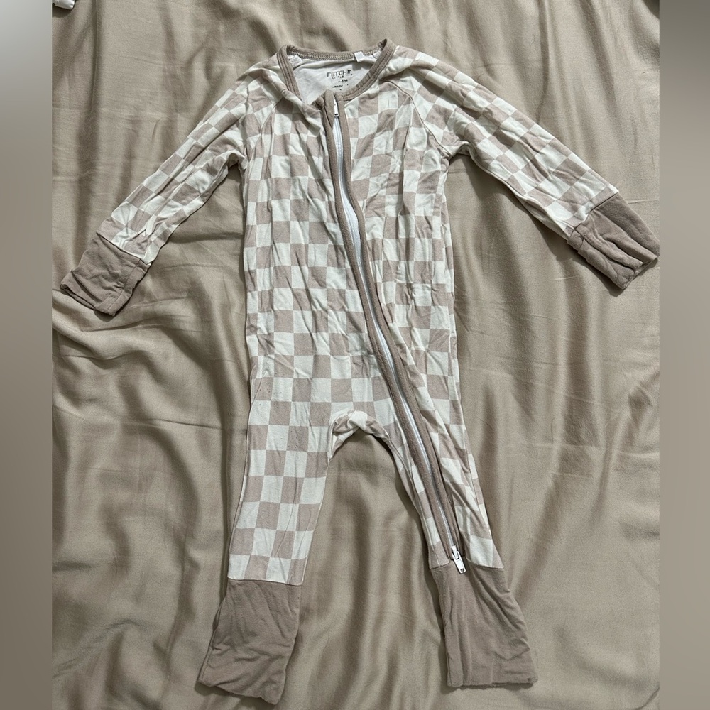Checkered bamboo romper pj foldable, hands, and feet